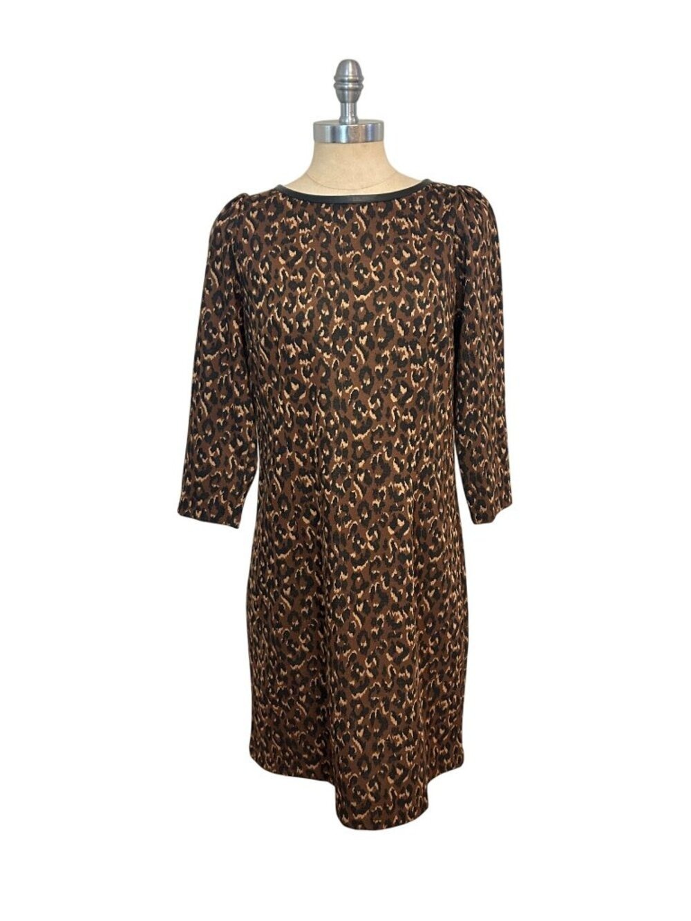 Talbots Faux Leather Trim A-Line Dress Fall Leopard size 8